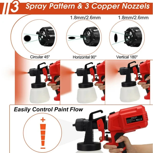 600W Paint Sprayer Gun, 800ml Electric Airless HVLP Paint Sprayer with 3 Nozzles for Inside Outside