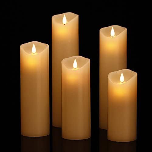 HANZIM LED Candles,Flameless Candles 5" 6" 7" 8" 9" Set of 5 Real Wax Battery Candle Pillars, Realistic Dancing Mood Candles and 10 Key Remote Control with 24 Hour Timer Function (Ivory) Ivory