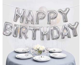 Self Inflating Happy Birthday Banner Balloon Bunting Silver 16 inch Letters Foil/16 Inch Mylar Foil Letters Balloons Banner Reusable Ecofriendly Materialfor Birthday Decorations and Party Supplies