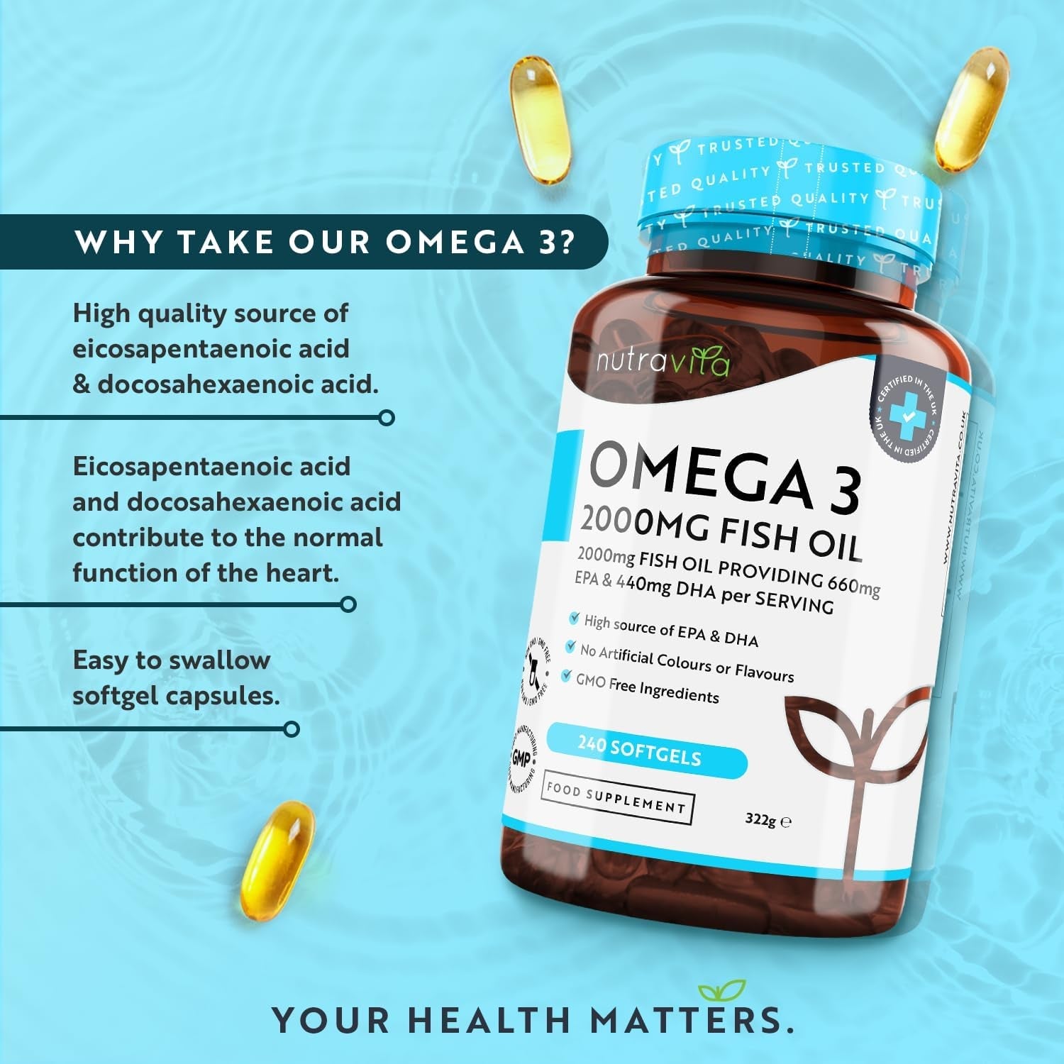 Omega 3 2000Mg with 660Mg EPA & 440Mg DHA per Serving - 240 Softgel Capsules of Sustainably Sourced Pure Omega 3 Fish Oil - Made in the UK by