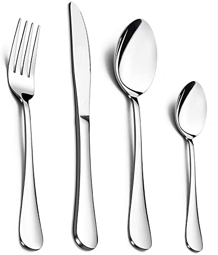 HaWare 24 Piece Cutlery Set, Stainless Steel Flatware Silverware Set with Knife Spoon Fork, Service for 6, Mirror Polish & Dishwasher Safe - (Basics Design) Silver