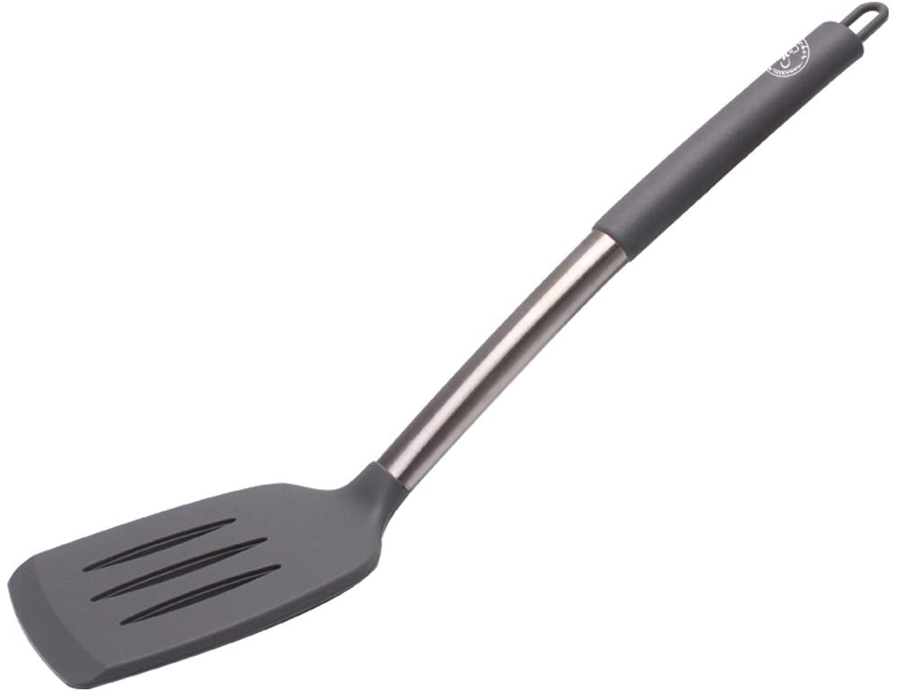 Starchef Silicone Slotted Turner Spatula Heat Resistant Non-Stick Soft Grip, Stainless Steel(Grey) Grey