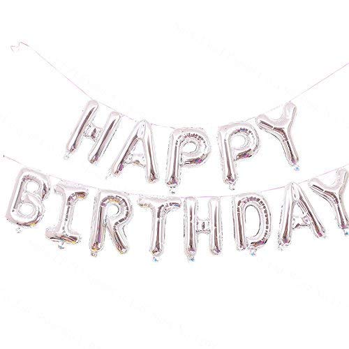 Self Inflating Happy Birthday Banner Balloon Bunting Silver 16 inch Letters Foil/16 Inch Mylar Foil Letters Balloons Banner Reusable Ecofriendly Materialfor Birthday Decorations and Party Supplies