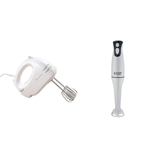 Russell Hobbs Food Collection Hand Mixer with 6 Speed 14451, 125 W - White & Hobbs Food Collection Hand Blender 22241, 200 W - White White Hand Mixer + Hand Blender