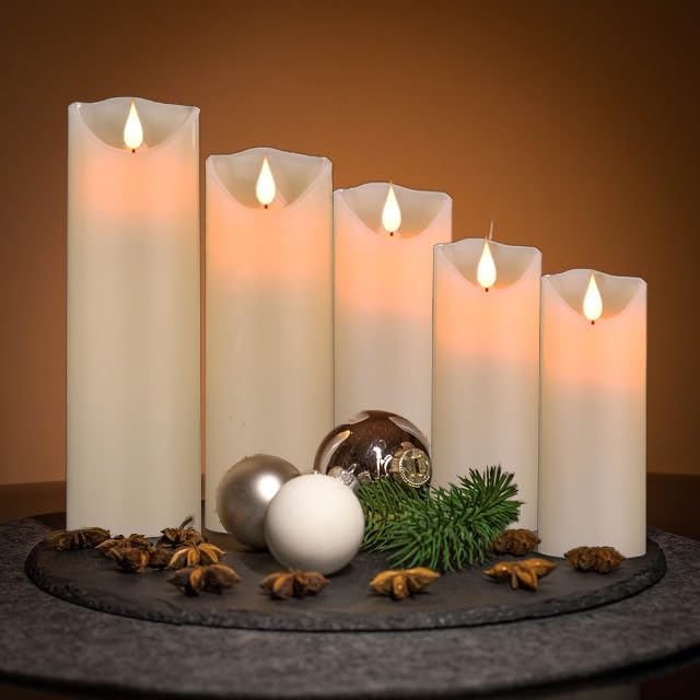 HANZIM LED Candles,Flameless Candles 5" 6" 7" 8" 9" Set of 5 Real Wax Battery Candle Pillars, Realistic Dancing Mood Candles and 10 Key Remote Control with 24 Hour Timer Function (Ivory) Ivory