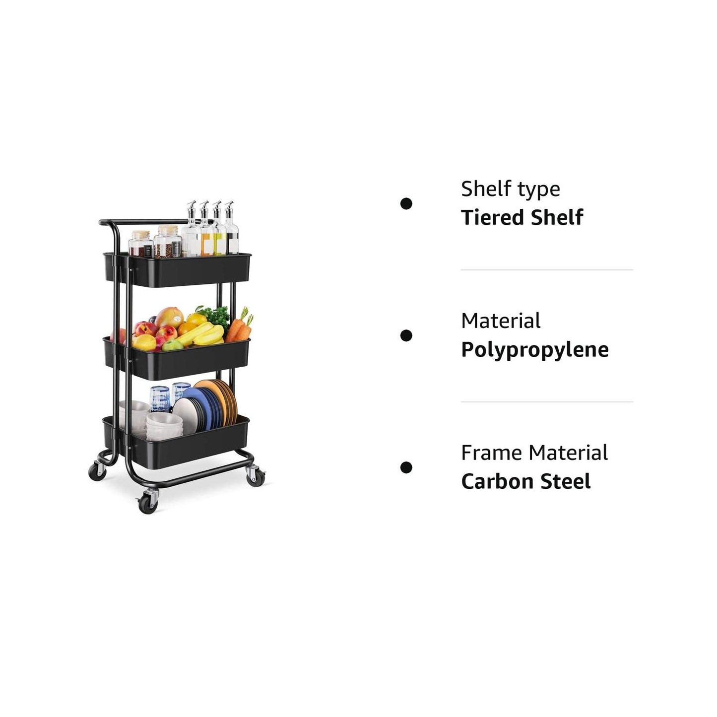 Storage Trolley Cart - 3 Tier Rolling Utility Organizer Rack, Craft Art Cart, Multi-Purpose Organizer Shelf, Tower Rack Serving Trolley for Office Bathroom Kitchen Kids’ Room Laundry Room, Black