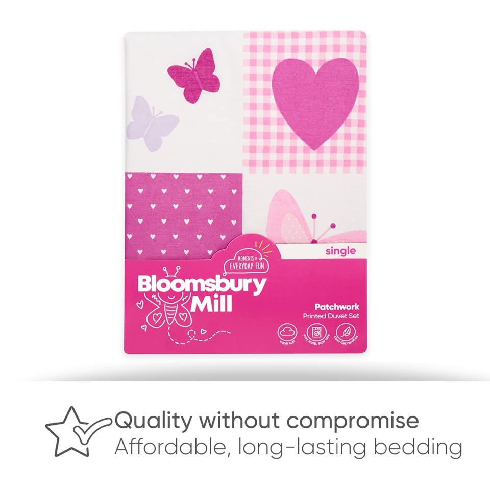 Bloomsbury Mill - Kids Single Bed Duvet Cover and Pillows Set for Girls - Hearts and Butterflies Pink Patchwork Kids Bedding - 135 x 200 cm Single Duvet Set