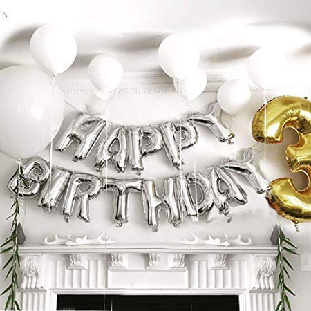 Self Inflating Happy Birthday Banner Balloon Bunting Silver 16 inch Letters Foil/16 Inch Mylar Foil Letters Balloons Banner Reusable Ecofriendly Materialfor Birthday Decorations and Party Supplies