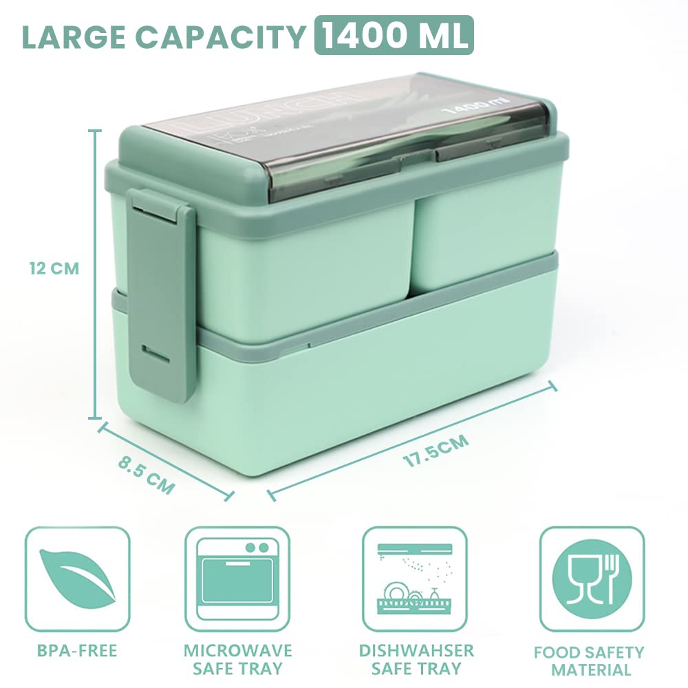 Bugucat Bento Lunch Box 1400ML, Stackable Lunch Box Bento Boxes,2 Layer 3 Compartments Leak Proof Lunchbox,Lunch Box with Compartments for Adults Kids,Container Meal Prep Containe with Cutlery,Green 1400ml-green