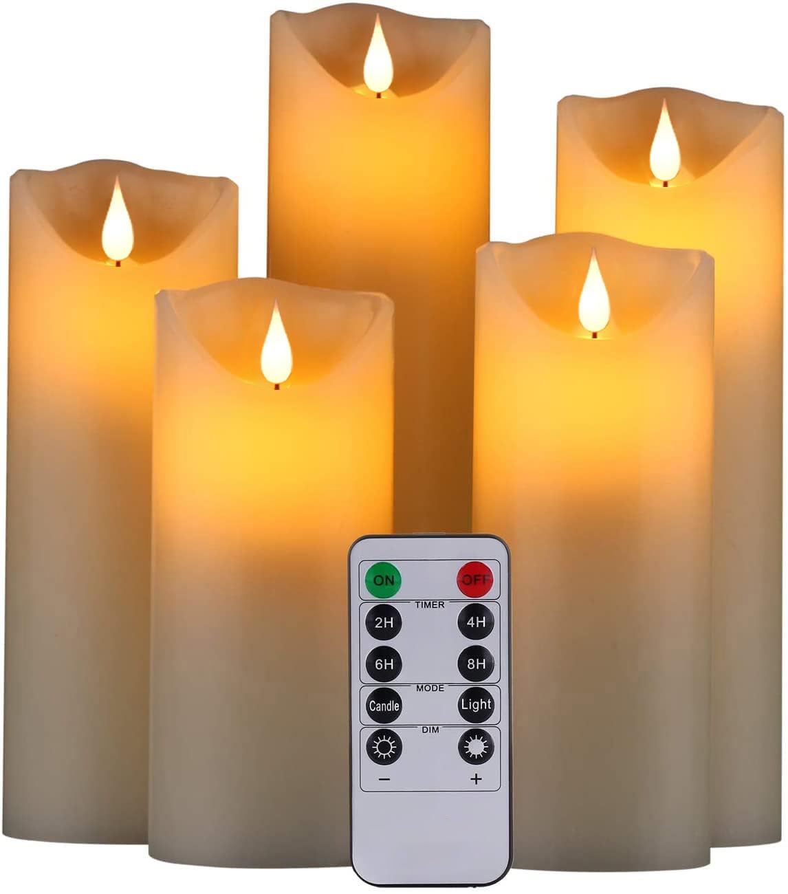 HANZIM LED Candles,Flameless Candles 5" 6" 7" 8" 9" Set of 5 Real Wax Battery Candle Pillars, Realistic Dancing Mood Candles and 10 Key Remote Control with 24 Hour Timer Function (Ivory) Ivory