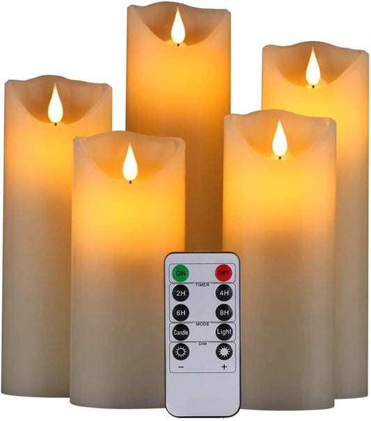 HANZIM LED Candles,Flameless Candles 5" 6" 7" 8" 9" Set of 5 Real Wax Battery Candle Pillars, Realistic Dancing Mood Candles and 10 Key Remote Control with 24 Hour Timer Function (Ivory) Ivory