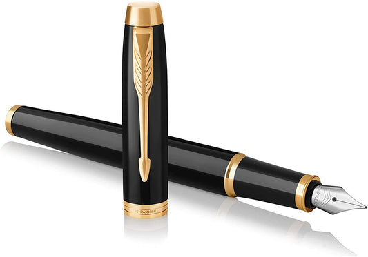 Parker IM Fountain Pen | Black Lacquer with Gold Trim | Medium Nib with Blue Ink Refill | Gift Box Black Lacquer Golden Trim 1 count (Pack of 1)