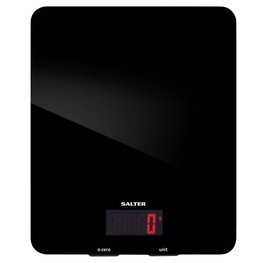 Salter 1150 BKDR Digital Kitchen Scales, Stylish Glass Design, Cooking Scale for Home/Kitchen, Measures Liquids & Fluids, Metric/Imperial, Add & Weigh Function, Red Easy Read Display, Black 5 kg Capacity