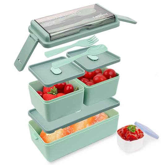 Bugucat Bento Lunch Box 1400ML, Stackable Lunch Box Bento Boxes,2 Layer 3 Compartments Leak Proof Lunchbox,Lunch Box with Compartments for Adults Kids,Container Meal Prep Containe with Cutlery,Green 1400ml-green