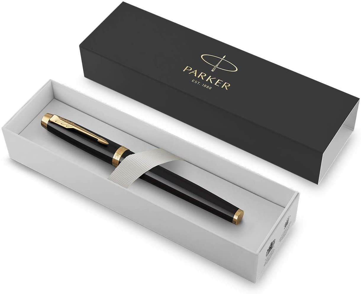 Parker IM Fountain Pen | Black Lacquer with Gold Trim | Medium Nib with Blue Ink Refill | Gift Box Black Lacquer Golden Trim 1 count (Pack of 1)