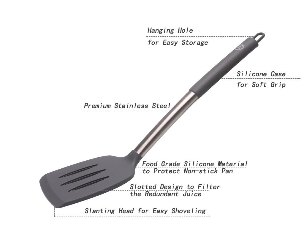 Starchef Silicone Slotted Turner Spatula Heat Resistant Non-Stick Soft Grip, Stainless Steel(Grey) Grey