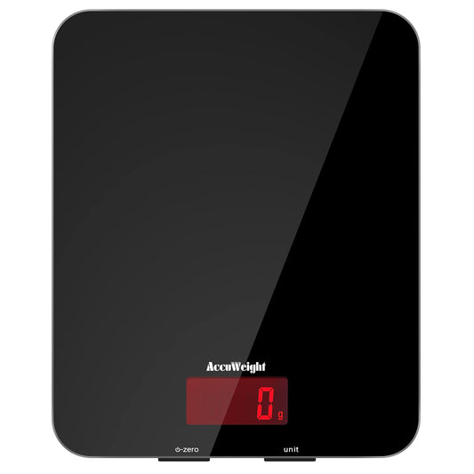 ACCUWEIGHT 201 Digital Kitchen Scales with Tempered Glass Platform Electronic Weighing Food Scale with Backlit LCD Display Multifunctional, for Office School Home Baking Cooking, 5kg/11lb Black