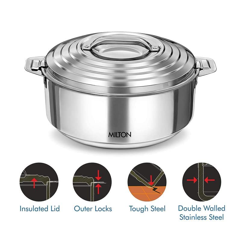 Milton Galaxia 1500 Insulated Stainless Steel Casserole, 2090 ml | 50 oz| 1.58 qt. Thermal Serving Bowl, Keeps Food Hot & Cold for Long Hours, Elegant Hot Pot Food Warmer Cooler, Silver 1500 ml | 6.34 cups