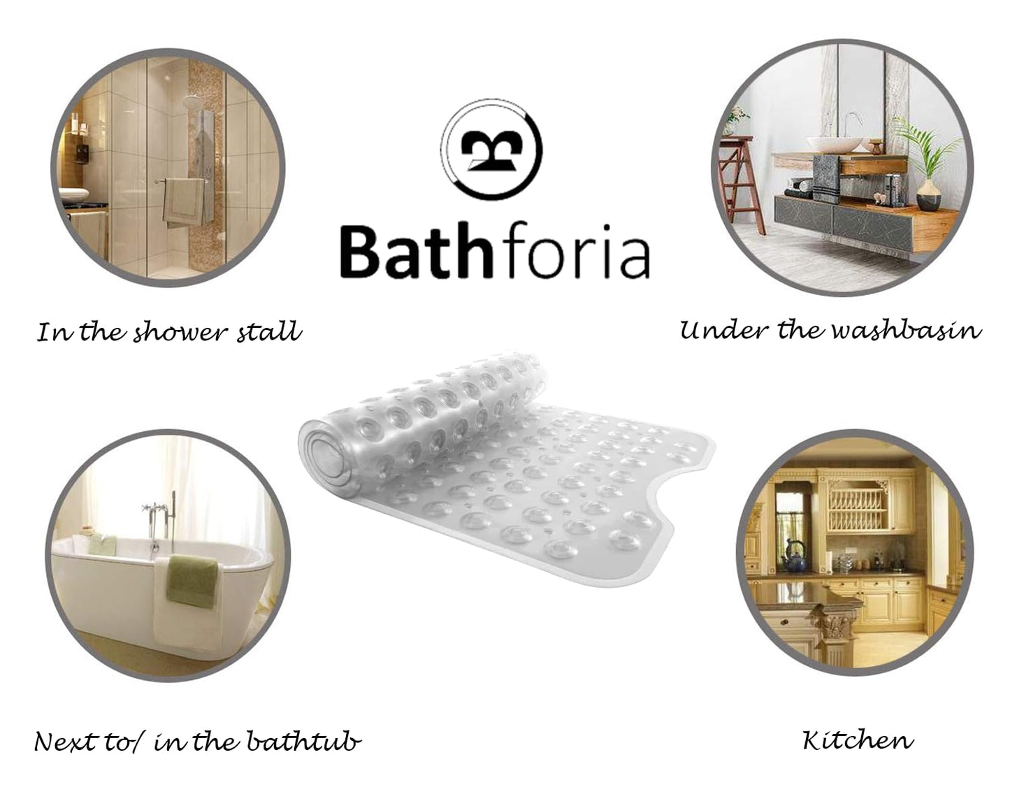 Bathforia Non Slip Bath Mat - Extra Long Non-Slip Anti Mould Shower Mat - Machine Washable Anti Slip Bathroom Floor Mats with Strong Rubber Suction Cup Grip - Clear 100 x 40 x 0.5 cm White