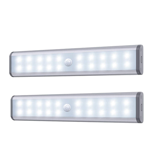 Motion Sensor Cabinet Lights, 20 LED Wireless Under Cupboard Light with Built-in Rechargeable Battery, Stick-on Anywhere Magnetic Night Lighting for Closet Kitchen Wardrobe (2 Pack) Silver 20led-2