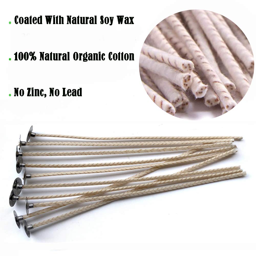 Candle Wicks,SMALUCK 100 Pcs Organic Soy Pre Waxed Cotton Candle Wick 20cm and 10 cm Long with 1Pc Stainless Wick Holder Sustainer for Candle Making(8"&4") Wicks+holder