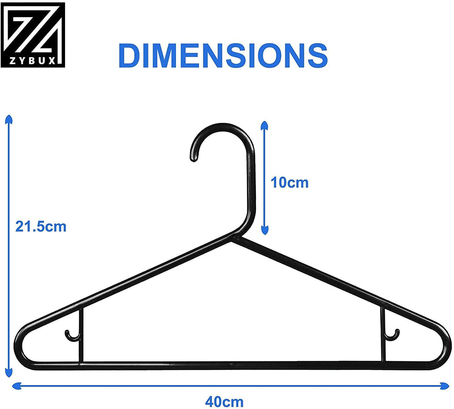 ZYBUX - 20x Adult Coat Hanger Black Colour, Extra Strong Plastic, Space Saving with Suit Trouser Bar (40cm Wide)