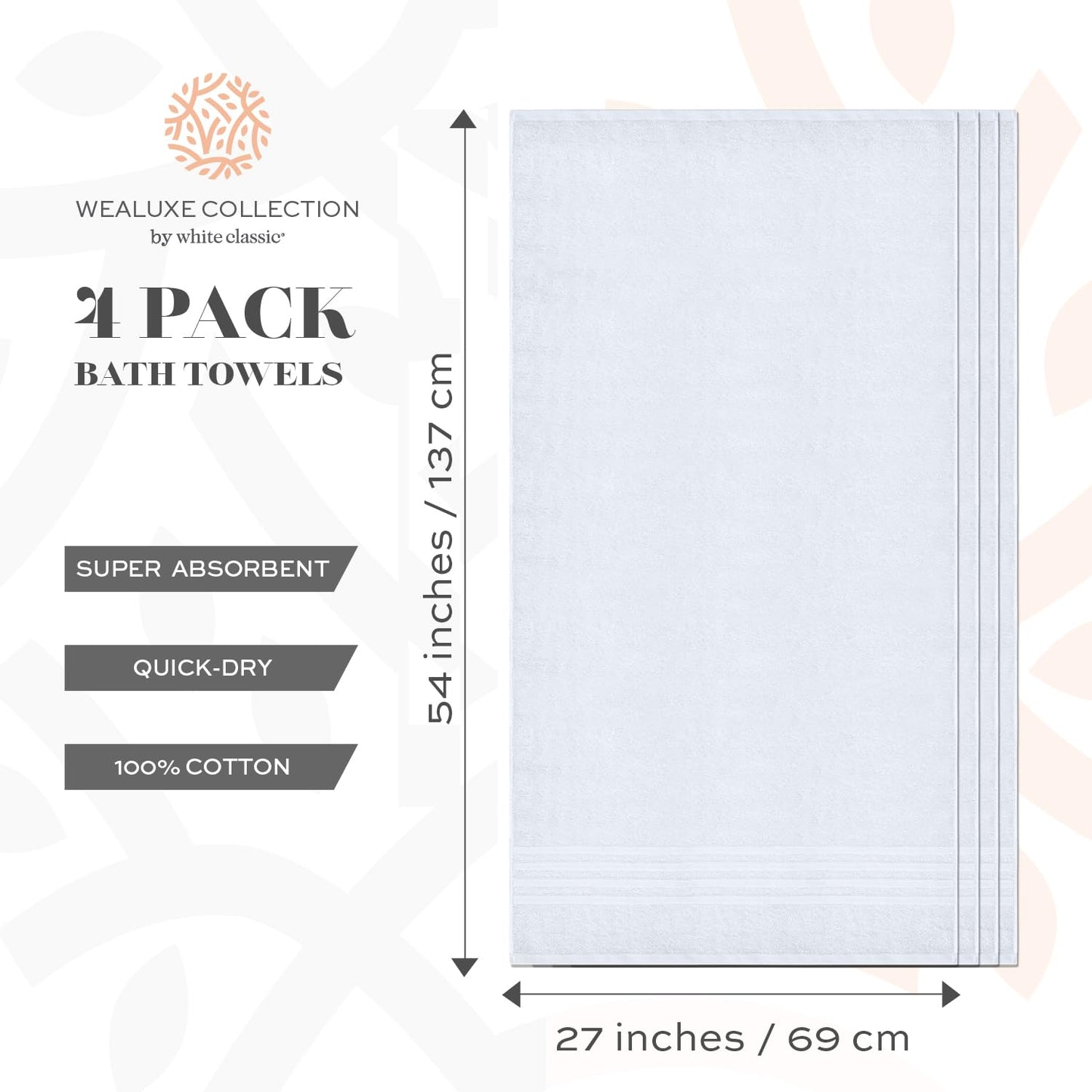 White Classic Wealuxe Cotton Bath Towels - Soft and Absorbent Hotel Towel - 68x132 CM - 4 Pack - White