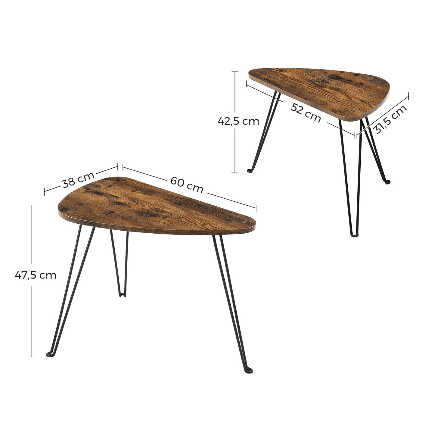 VASAGLE Set of 2 Side Tables, Nesting Tables, End Tables, for Living Room, Dining Room, Bedroom, Industrial Style, Rustic Brown and Black LNT012B01