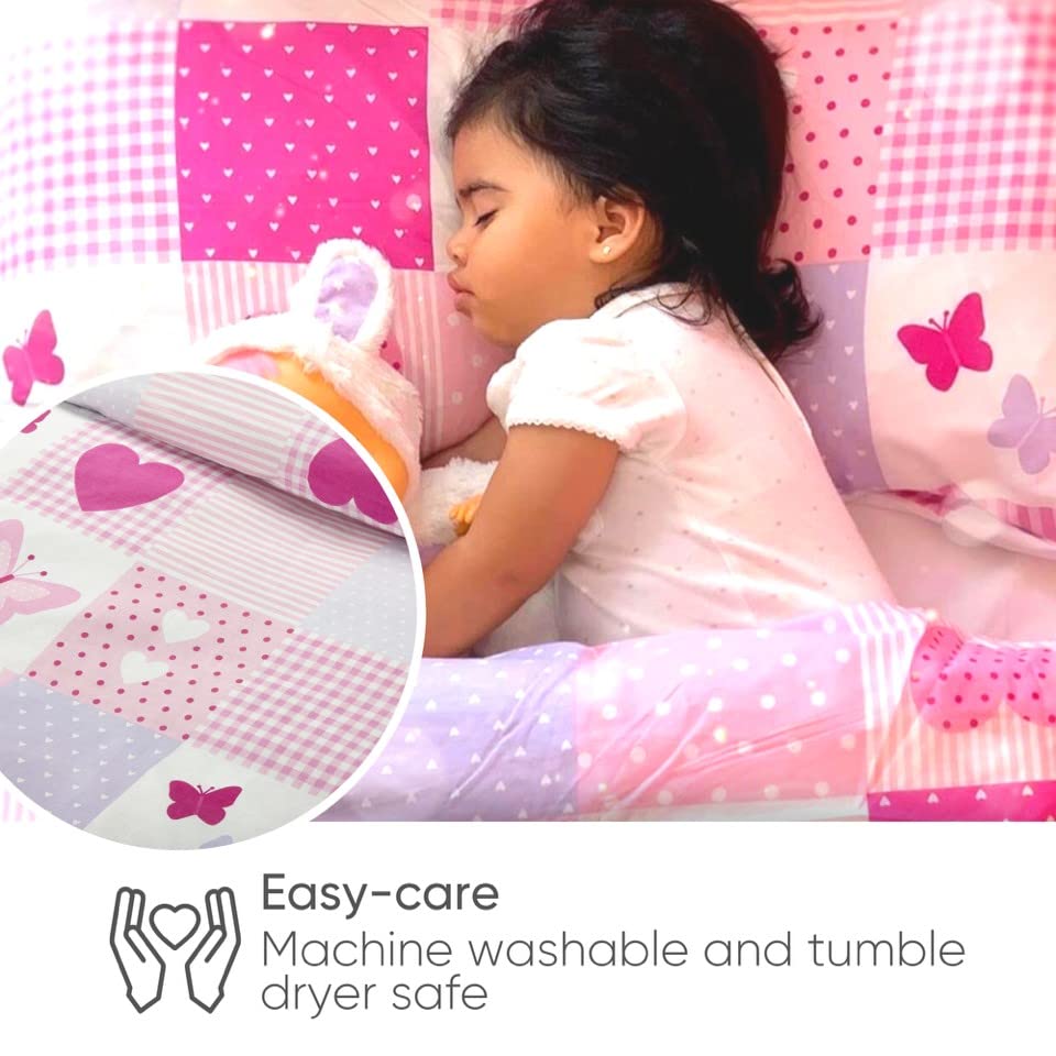 Bloomsbury Mill - Kids Single Bed Duvet Cover and Pillows Set for Girls - Hearts and Butterflies Pink Patchwork Kids Bedding - 135 x 200 cm Single Duvet Set