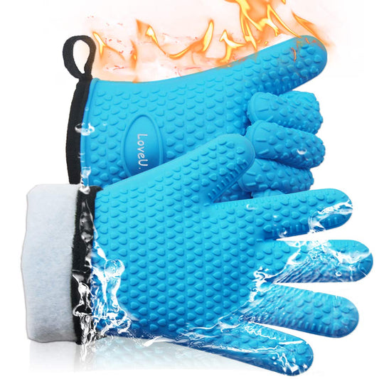 Loveuing Oven Gloves Heat Resistant, Silicone & Cotton Double Layer BBQ Gloves Non-slip Kitchen Gloves Waterproof Flexible Oven Mitts - Perfect for Baking Barbecue Pizza, 1 pair One Size Blue