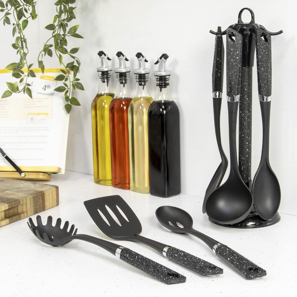 Blackmoor 66779 6-Piece Kitchen Utensils Set / Non-Scratch & Heat Resistant / BPA Free Plastic / Modern & Vibrant Stylish Black Marble Colour / Space Saving Kitchen Storage Single