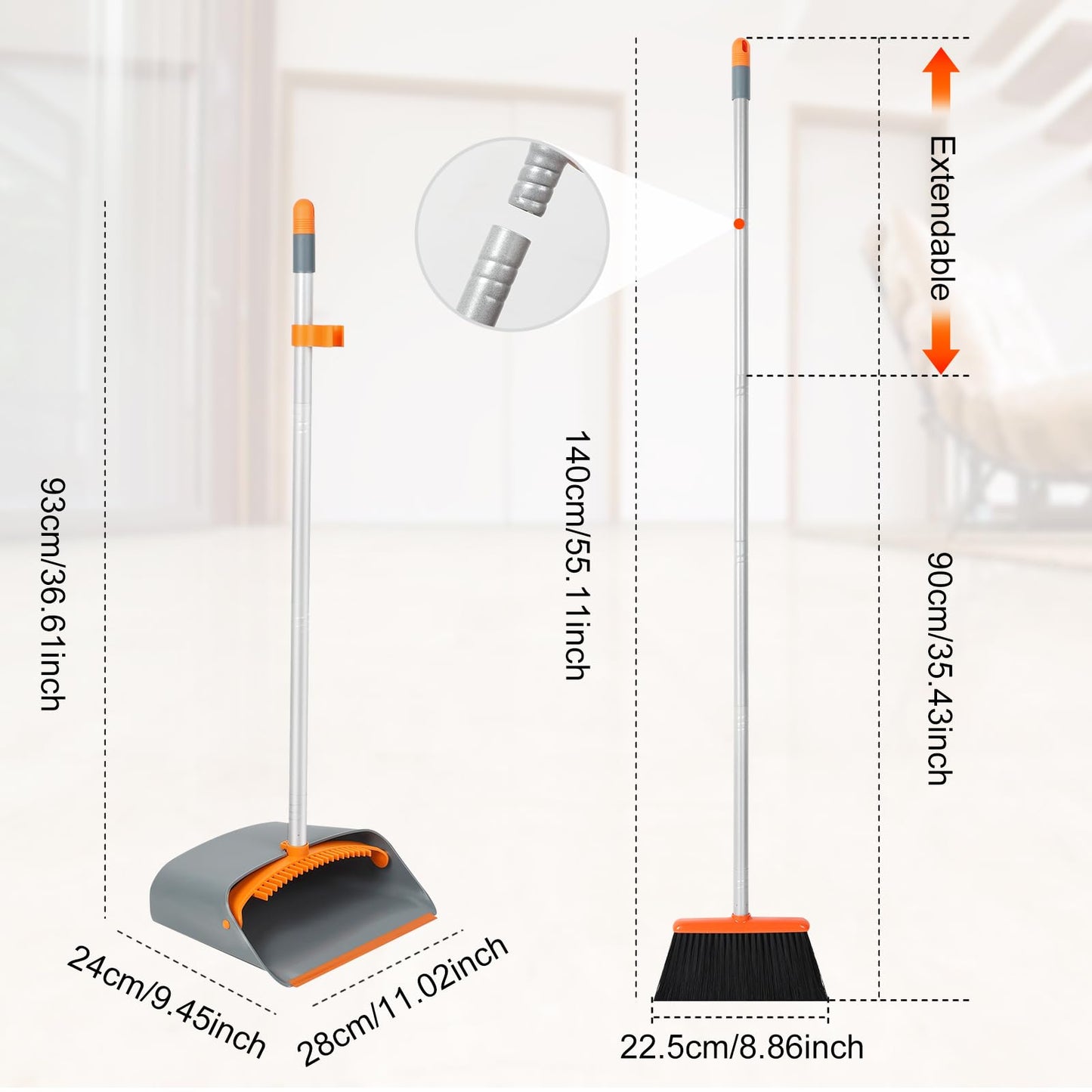 Broom and Dustpan Set, Sweeper and Dust pan Combo with 54 Inch Long Handle for Household Cleaning Sweeping, Orange and Dark Grey