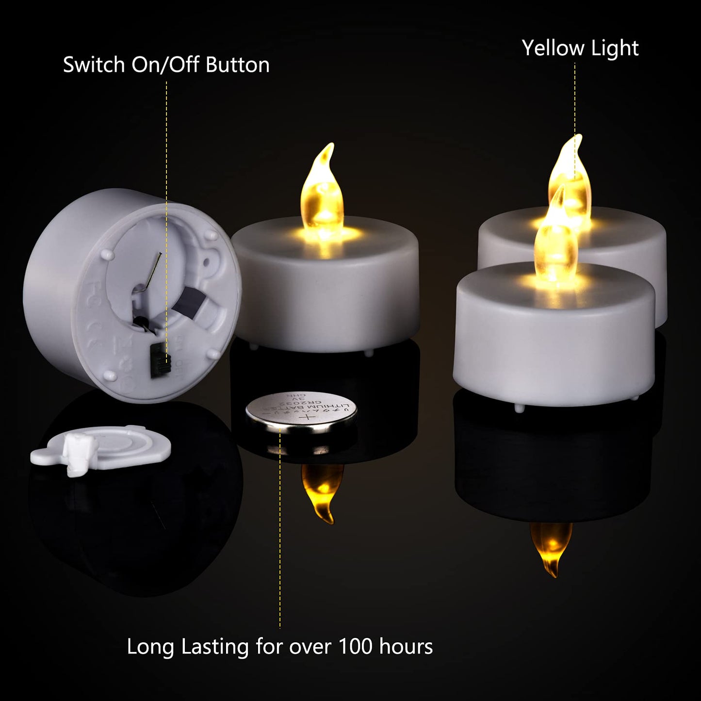 Battery Operated Flameless Tea Lights Candles, Realistic Bright Flickering 24 Pack Electric Candle lamp,Long Lasting 100 Hours Warm Yellow Light Bulb,Suitable for Festival, Party, Home Decor Light Yellow