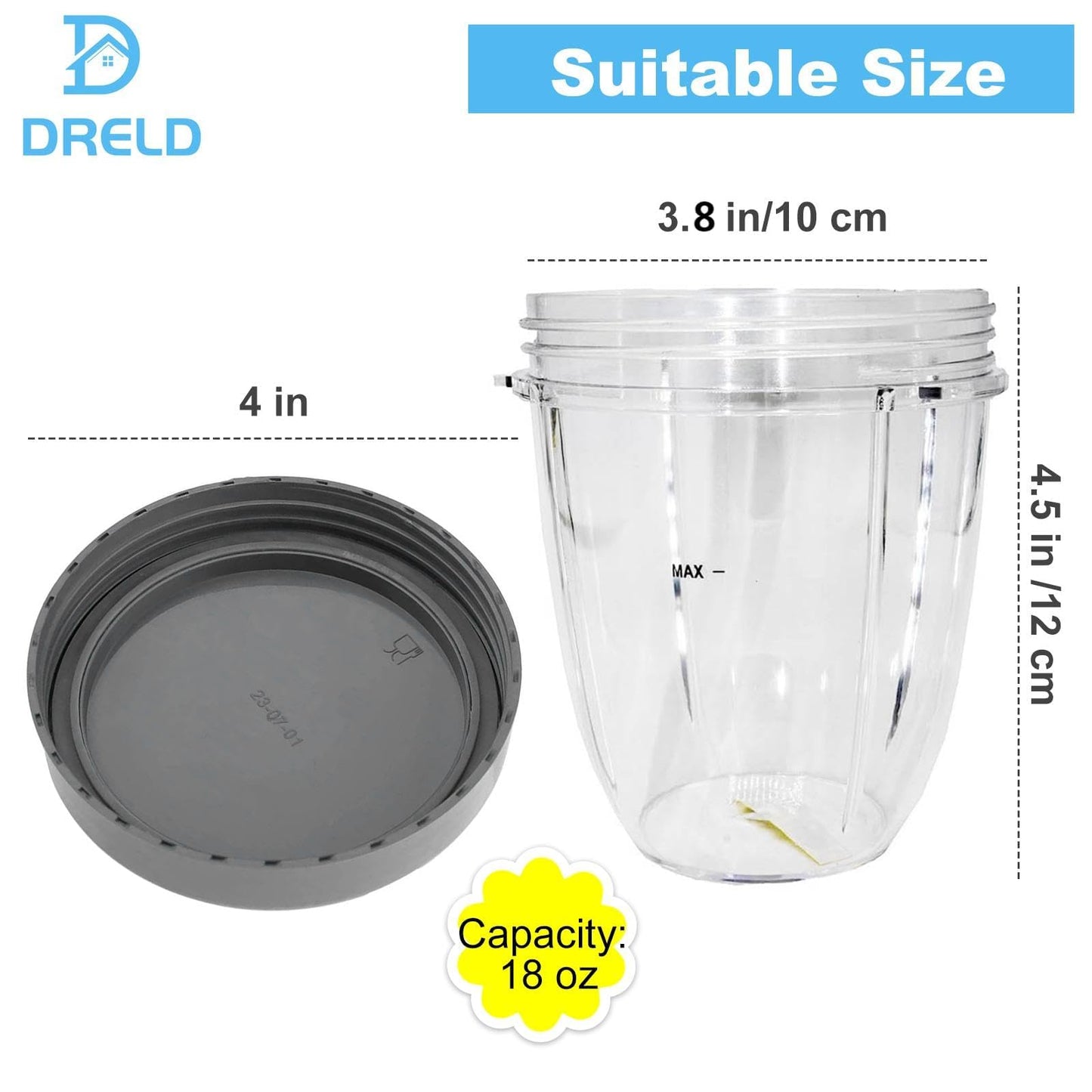 Dreld 2 Pack 18oz Cup with Flat Lid Replacement Parts Compatible with Nutribullet 600W 900W Blender Juicer (18oz)