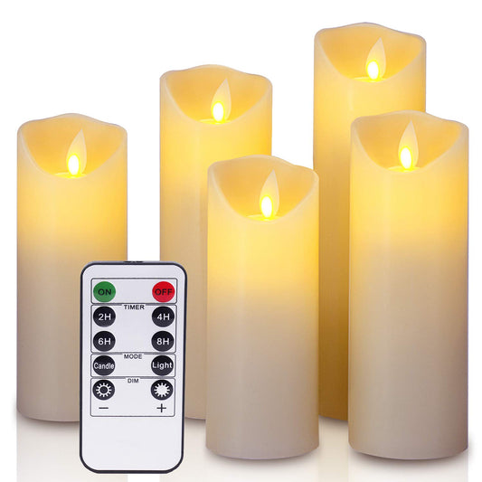 LED candles,5.5"/6"/6.5"/7"/8"Set of 5 Real Wax Battery Flameless Candles Include Realistic Dancing LED Flames and 10-key Remote Control with 2/4/6/8-hours Timer Function,300+ Hours-YIWER (5x1,Ivory) Dancing Led Flames Ivory 5 Pack