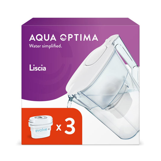 Aqua Optima Liscia Water Filter Jug & 3 x 30 Day Evolve+ Filter Cartridges, 2.5 Litre Capacity, for Reduction of Microplastics, Chlorine, Limescale and Impurities, White (Packaging may vary) 3 Pack (3 Month's Supply)