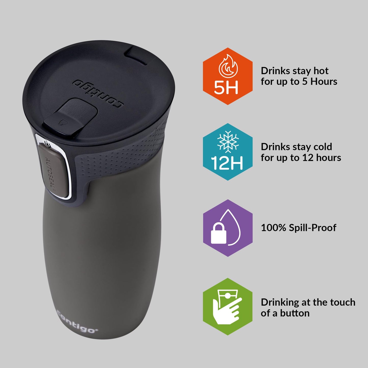 Contigo West Loop Autoseal Travel Mug, Stainless Steel Thermal Mug, Vacuum Flask, Leakproof Tumbler, Coffee Mug with BPA-free Easy-Clean Lid Gunmetal