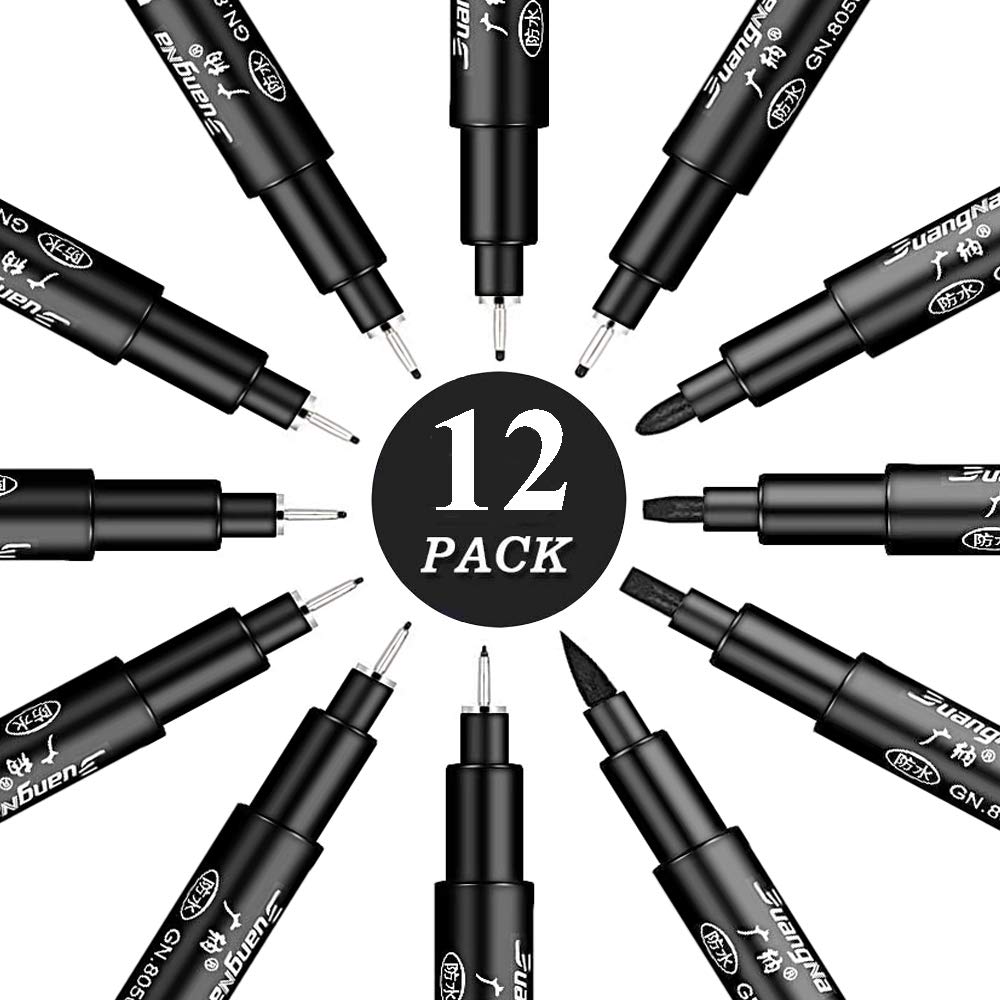 Gelanty Black Fineliner Pens Set 12 Pack Fineliners Technical Drawing Pens, Micro Liner Art Pens for Artist, Brush Pens for Art Sketching, Technical Drawing, Illustration, Comic 1 count (Pack of 12) Dark Black