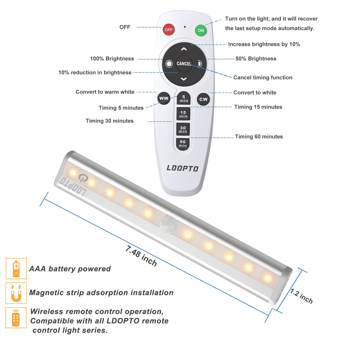 LDOPTO Battery Powered Under Cupboard Kitchen Lights with Remote, Wireless Dimmable Wardrobe Closet Night Light with Timer Touch Switch Stick-on Magnet Strip, Multiple Colors 2 Pack