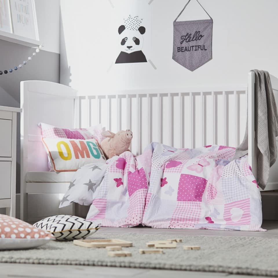 Bloomsbury Mill - Kids Single Bed Duvet Cover and Pillows Set for Girls - Hearts and Butterflies Pink Patchwork Kids Bedding - 135 x 200 cm Single Duvet Set