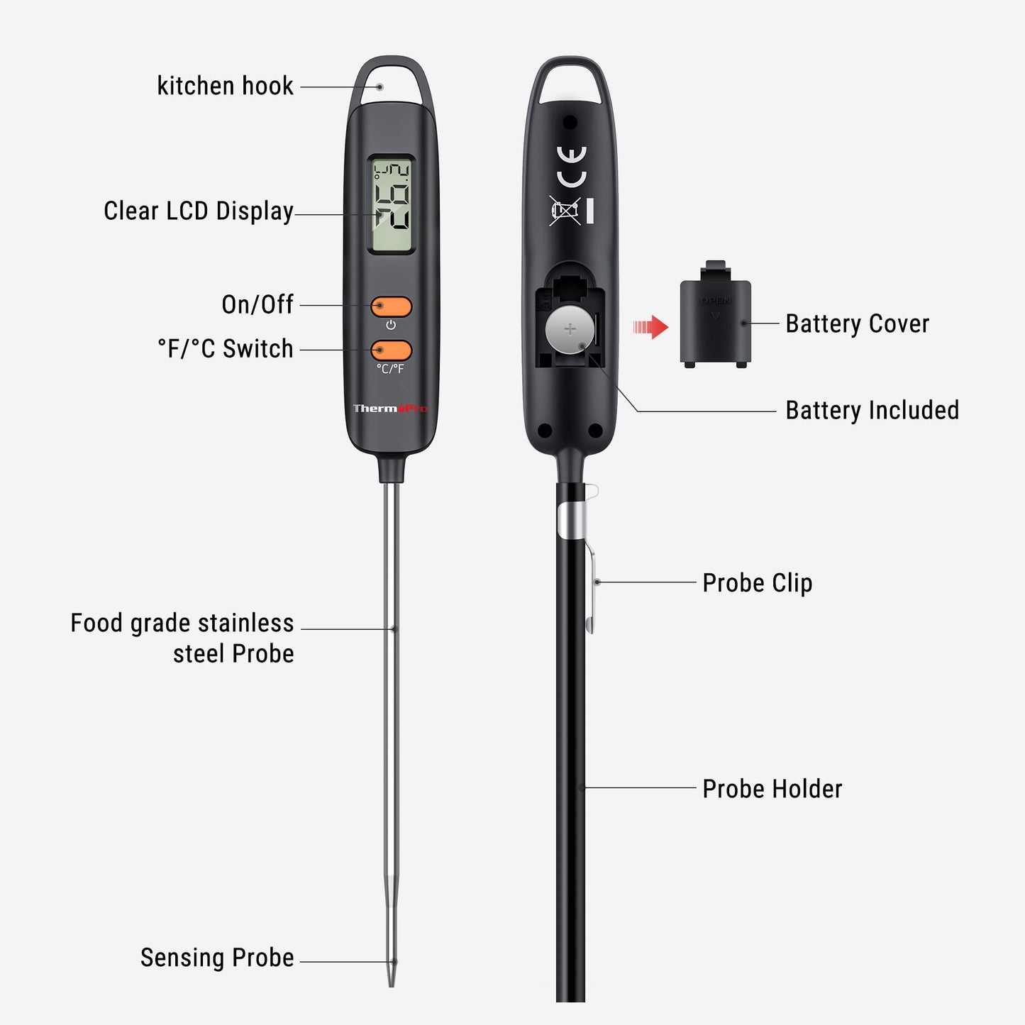 ThermoPro TP516 Digital Meat Thermometer with Probe Tip Cover Instant Read Food Thermometer Cooking Thermometer Perfect for Cooking BBQ Sugar Jam Kitchen Thermometer with 12cm Temperature Probe Matte Black