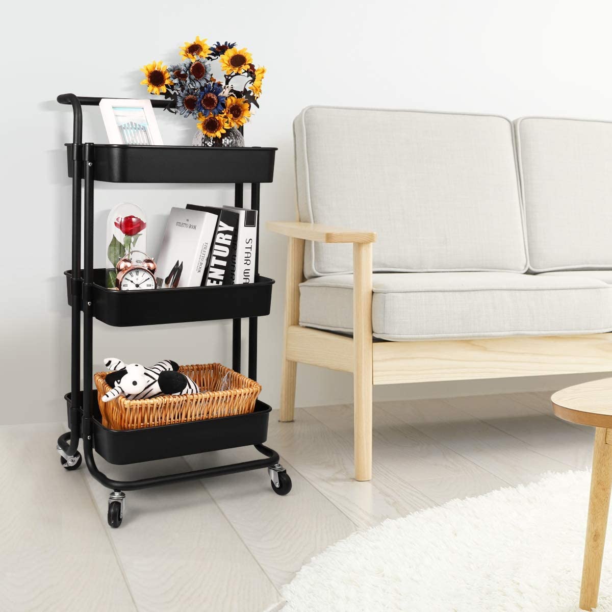 Storage Trolley Cart - 3 Tier Rolling Utility Organizer Rack, Craft Art Cart, Multi-Purpose Organizer Shelf, Tower Rack Serving Trolley for Office Bathroom Kitchen Kids’ Room Laundry Room, Black