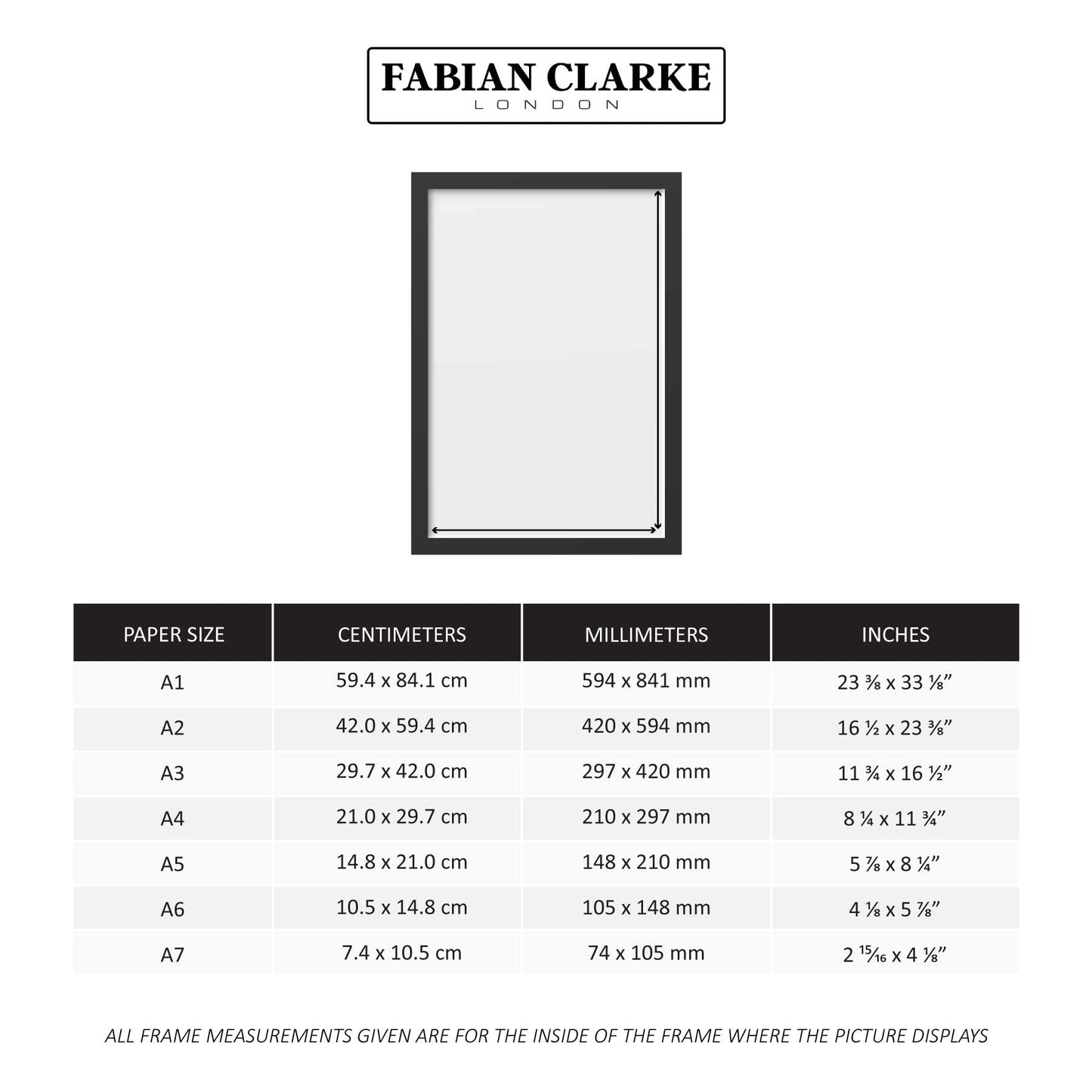 Fabian Clarke London® A2 Modern Black Wooden Picture Photo Frame with A3 White Mount to Hang Portrait or Landscape