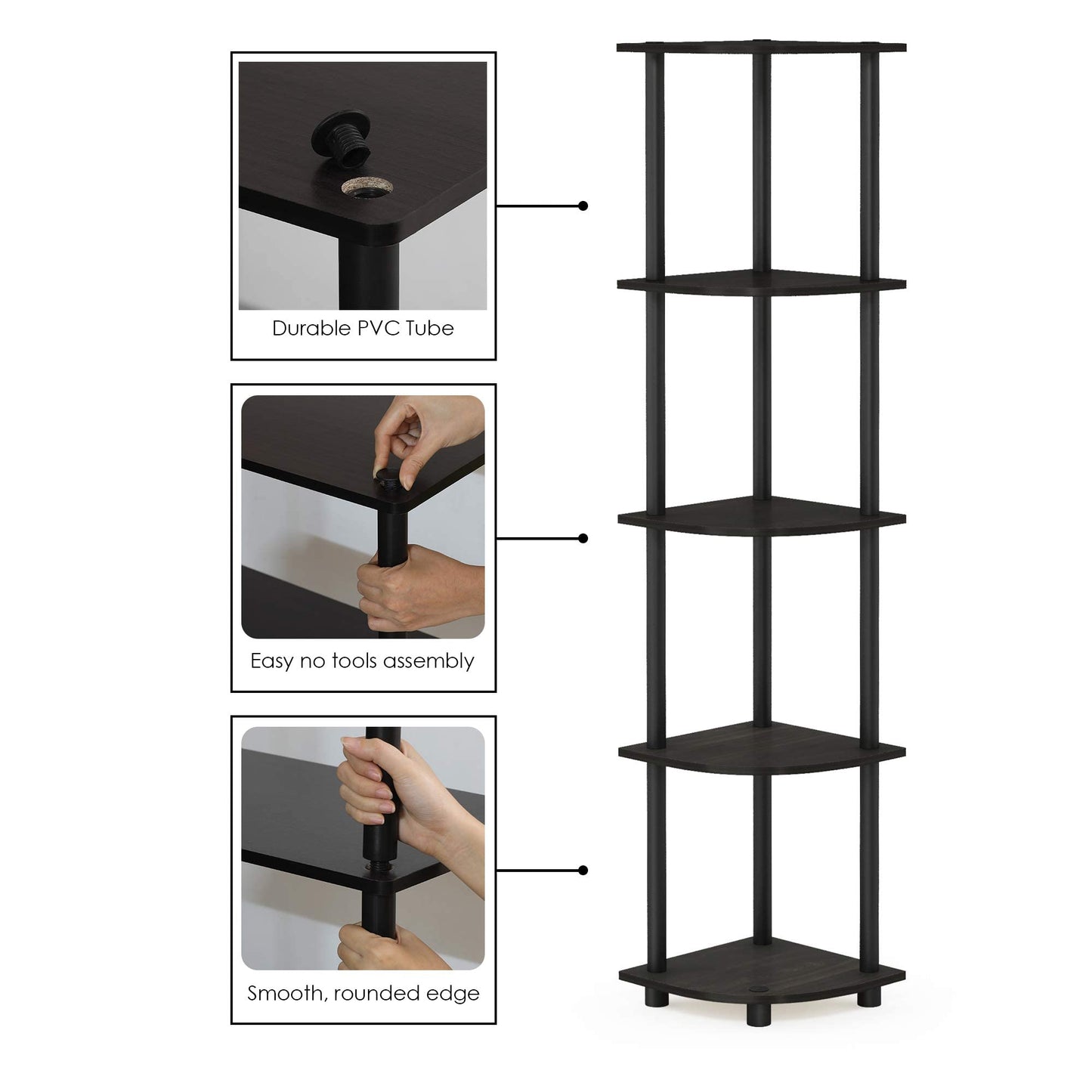 Furinno Turn-N-Tube 5 Tier Corner Display Rack Multipurpose Shelving Unit, Espresso/Black 5-Tier