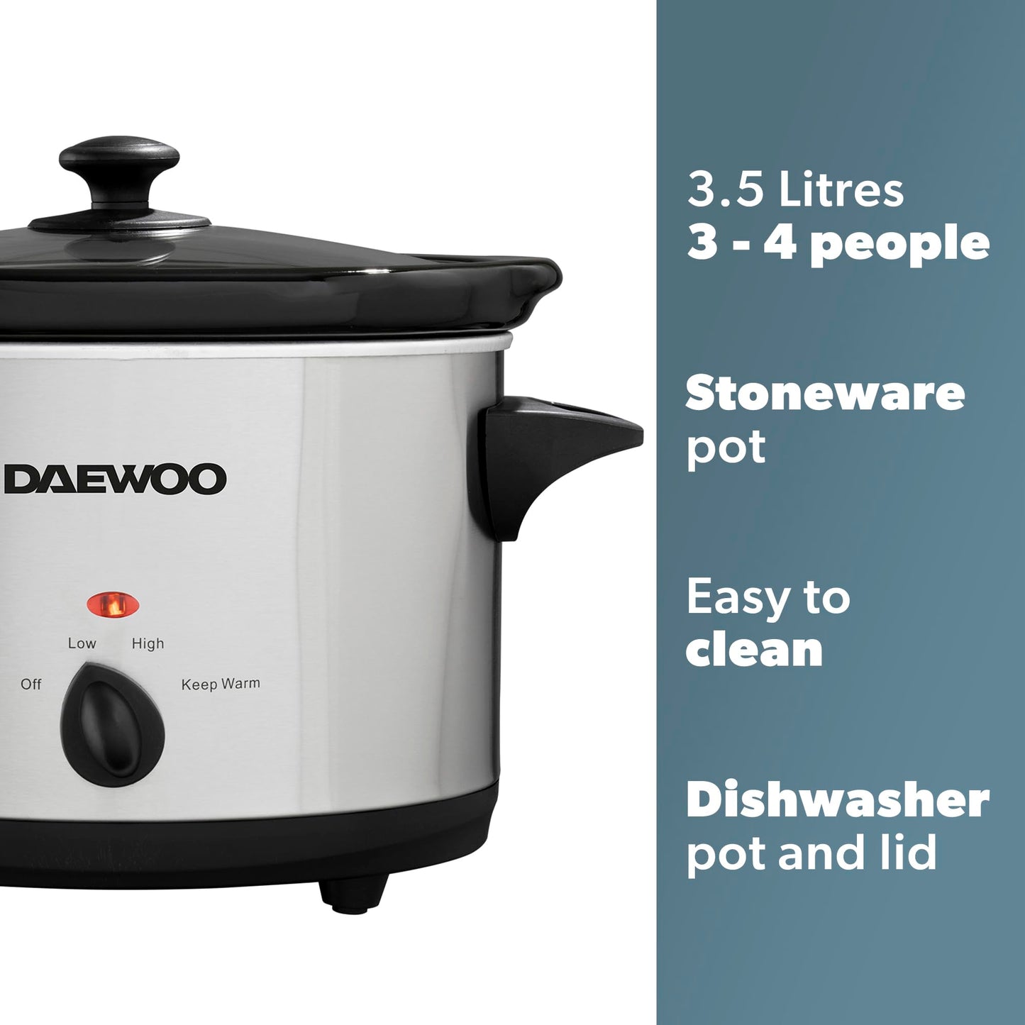 Daewoo SDA1364 Stainless Steel Slow Cooker | 3.5L Capacity Stoneware Pot | Easy to Clean | Dishwasher Safe Pot & Lid | 3 Different Heat Settings | Usage-160W Power, Steel