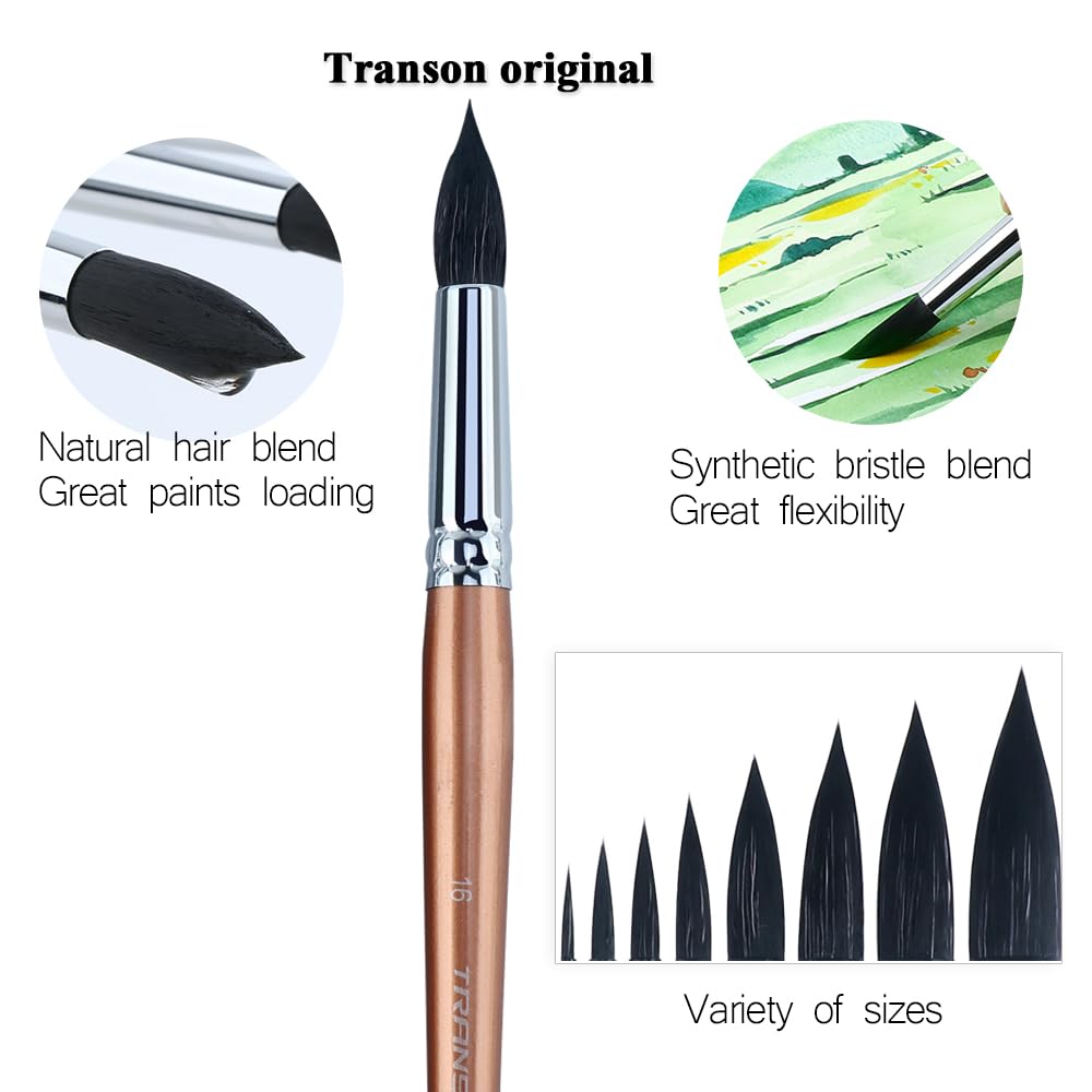 Transon Round Watercolor Detail Paint Brushes Goat Hair 8pcs for Watercolors,Acrylics,Inks,Gouache,Oil and Tempera Champagne