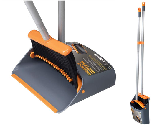 Broom and Dustpan Set, Sweeper and Dust pan Combo with 54 Inch Long Handle for Household Cleaning Sweeping, Orange and Dark Grey