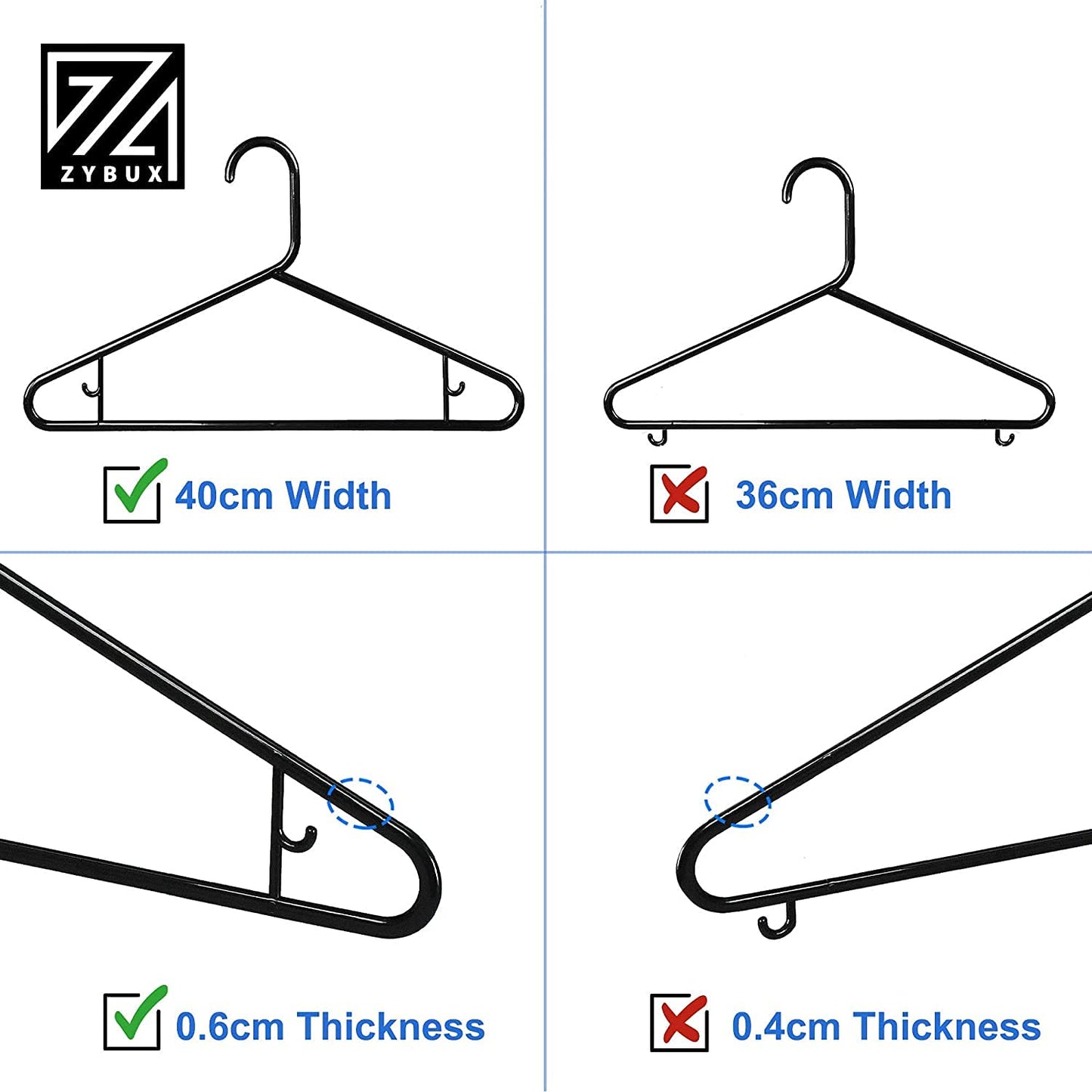 ZYBUX - 20x Adult Coat Hanger Black Colour, Extra Strong Plastic, Space Saving with Suit Trouser Bar (40cm Wide)