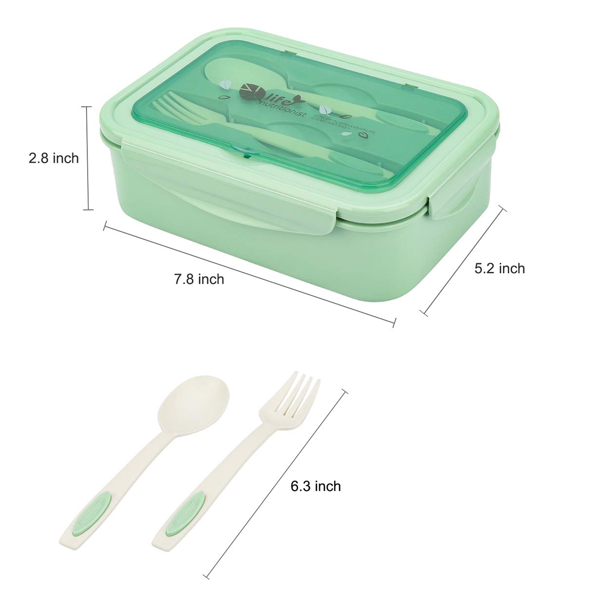 BIBURY Lunch Box, Leakproof Bento Box for Kids Adults, Food Container with 3 Compartments and Cutlery Set, BPA Free, Microwave and Dishwasher Safe Meal Prep Containers - Green