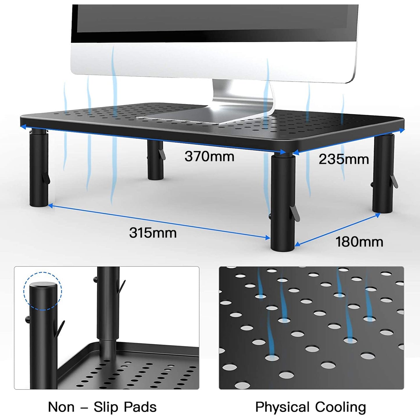 HUANUO Monitor Stand Riser - 3 Height Adjustable Monitor Stand Ergonomic Metal Monitor Riser Stand with Mesh Platform for Laptop, Computer, PC, Printer up to 20KG